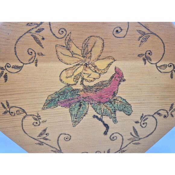Vintage Pyrography Octagonal Wood Trivet Cardinal Flower Scrollwork 11" - Picture 3 of 5